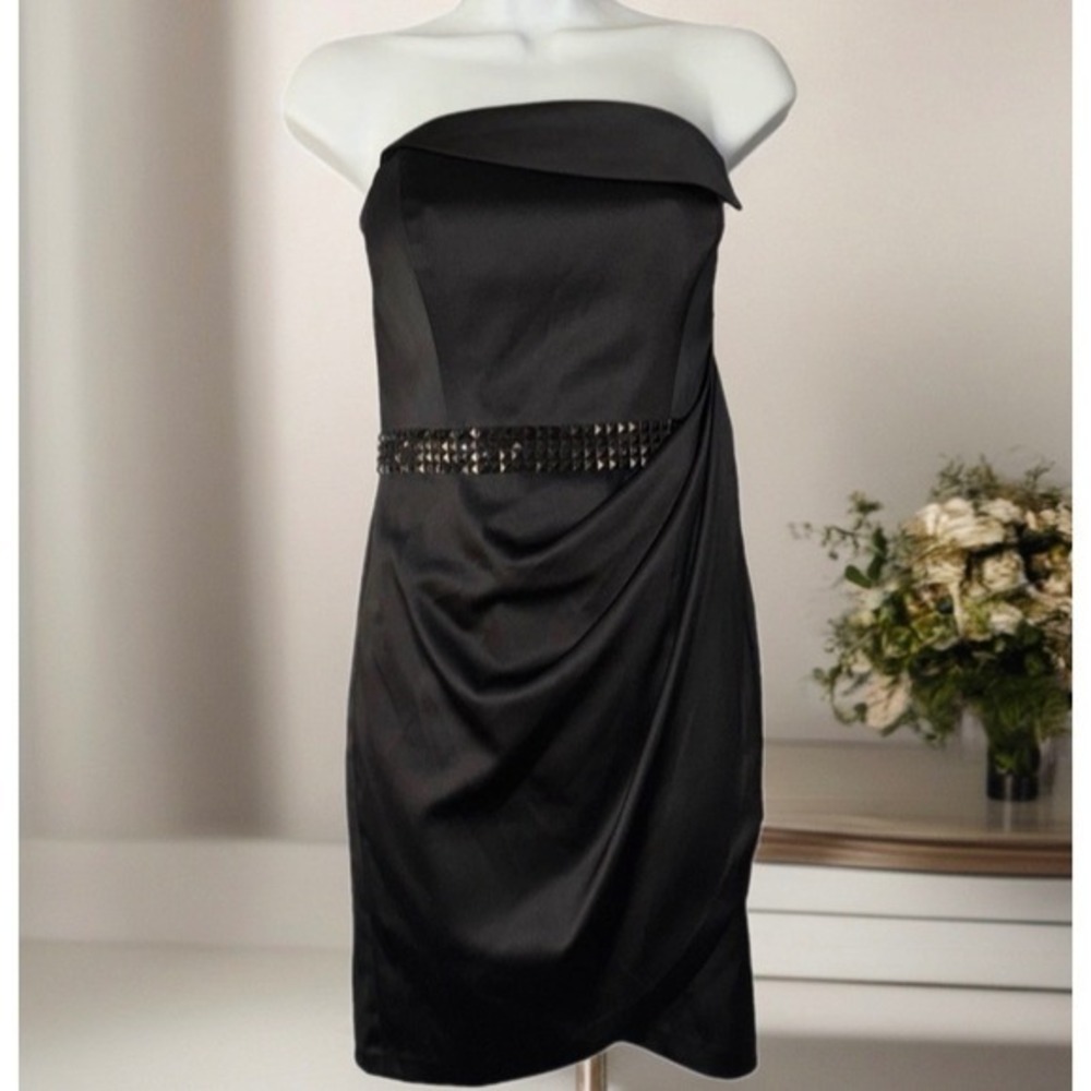 Cache Strapless Cocktail Dress Women 2 Black‎ Studded Waist Draped Satin Wrap